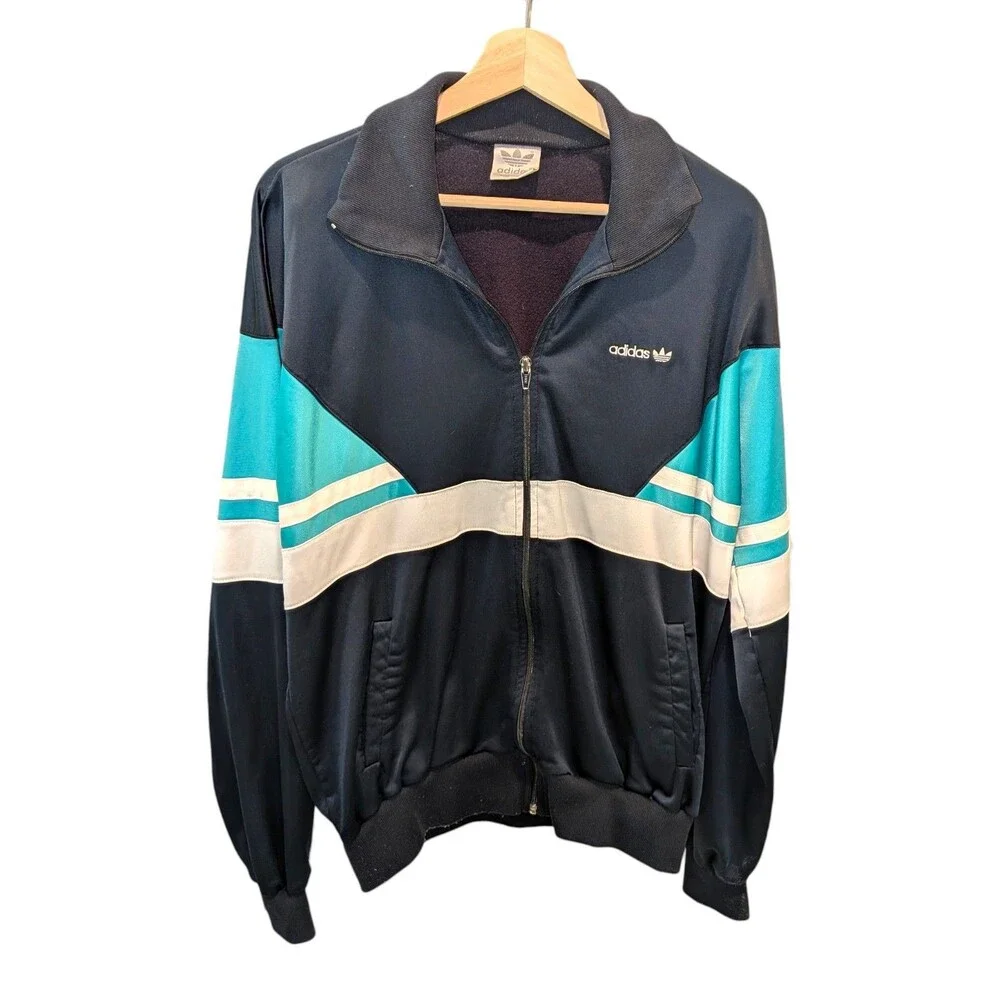 Vintage 80s Adidas Originals Track Jacket Navy Teal USA Made Sportswear L Retro